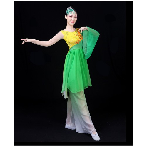 women's yangko fan dance Chinese folk dance costumes violet green gradient color china style classical performance competition tops and pants